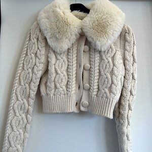 Zara cable knit, fur collar, neutral, cropped, cardi sweater, size S